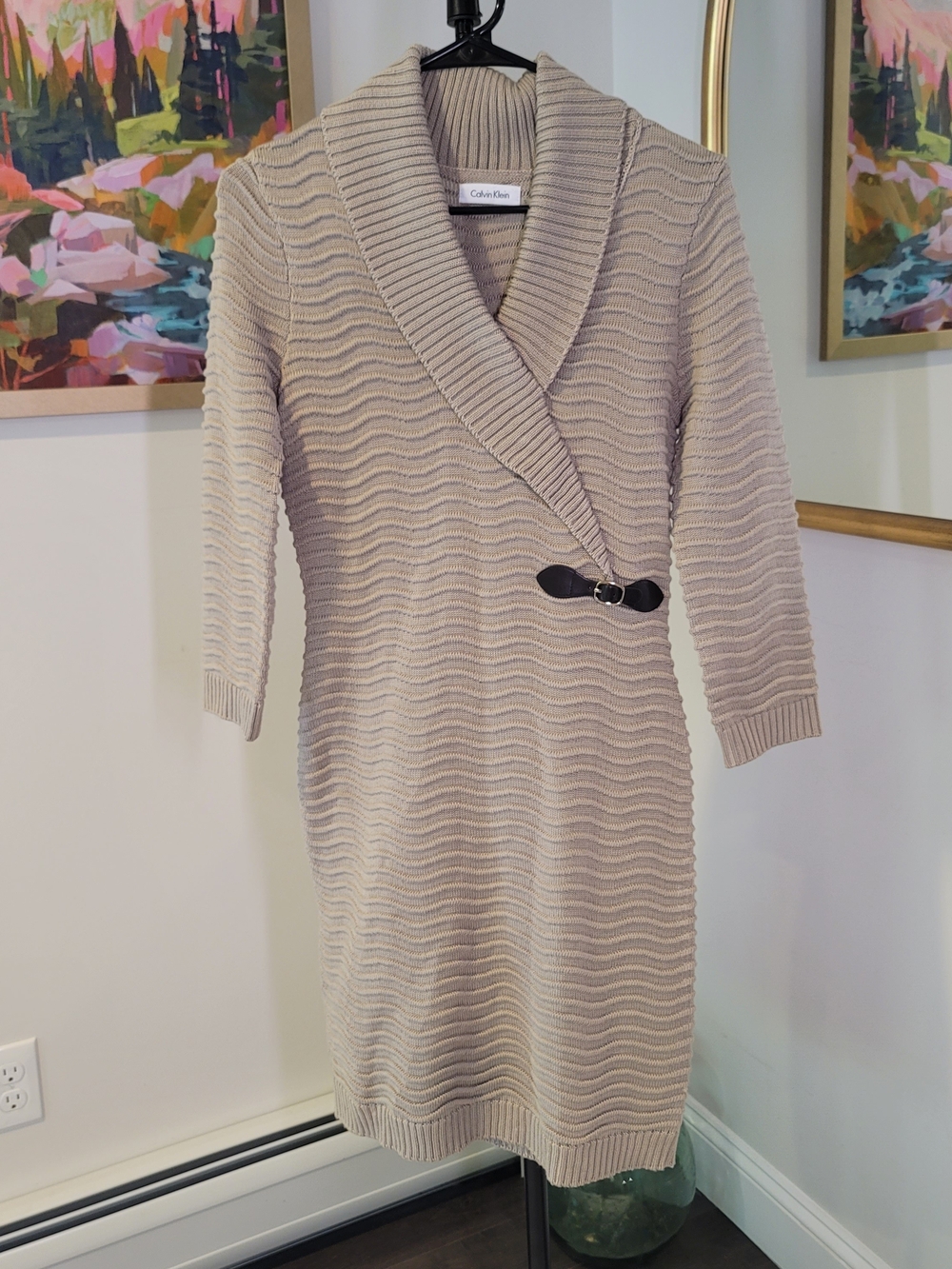 CALVIN KLEIN Wavy Knit Shawl Collar Sweater Dress Buckle Detail Women's Size S